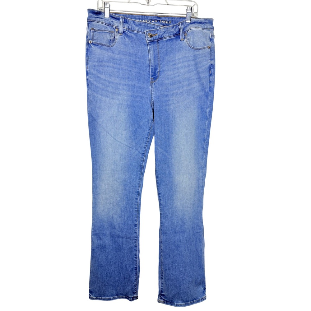 American Eagle High Rise Skinny Kick Jeans 16 Regular Medium Cross Waist Raw Hem